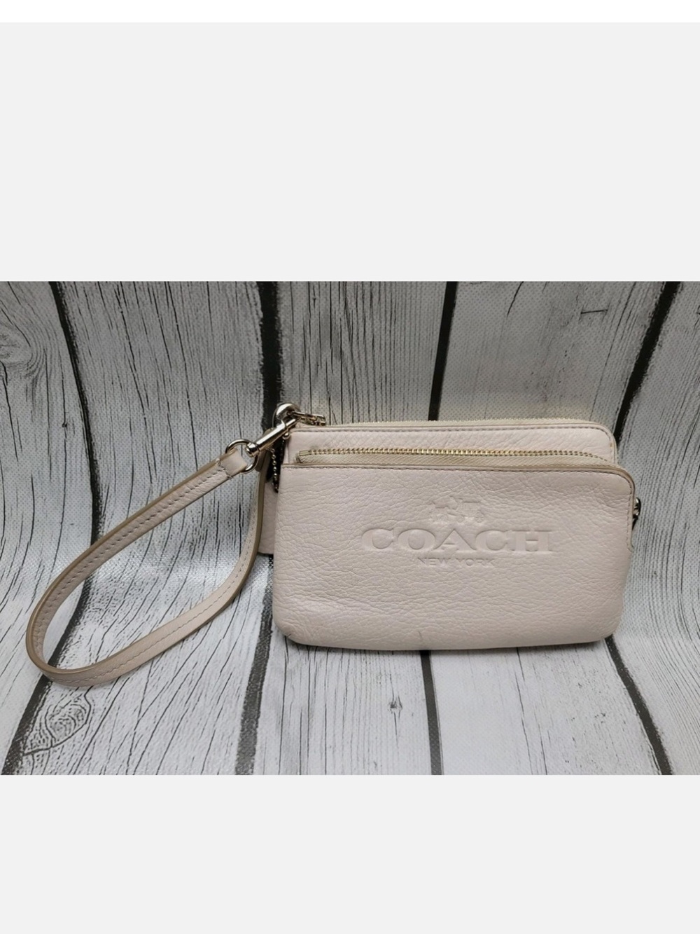 Coach Pebble Leather Double Zip Top Wristlet Wallet Taupe - Picture 1 of 8